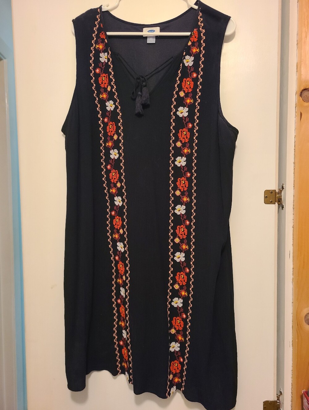 Old Navy Black Midi Dress with Orange and White Floral Embroidery